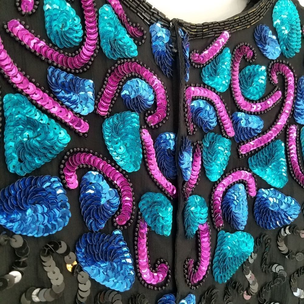 Vintage Laurence Kazar 1980’s 100% Silk Dolly Parton Sequin Cocktail Dress PL - Picture 10 of 12